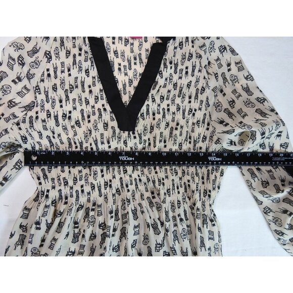 Sunny Leigh Womenβs Smocked Tunic Top Size XL Black Chair Print LS Semi Sheer - Picture 11 of 16